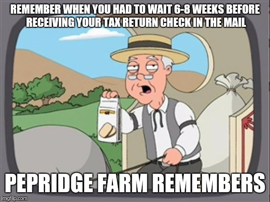 pepridge farm rembers | REMEMBER WHEN YOU HAD TO WAIT 6-8 WEEKS BEFORE RECEIVING YOUR TAX RETURN CHECK IN THE MAIL; PEPRIDGE FARM REMEMBERS | image tagged in pepridge farm rembers | made w/ Imgflip meme maker