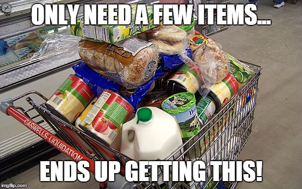 Honey, can you pick up a couple things??? | ONLY NEED A FEW ITEMS... ENDS UP GETTING THIS! | image tagged in over spending | made w/ Imgflip meme maker