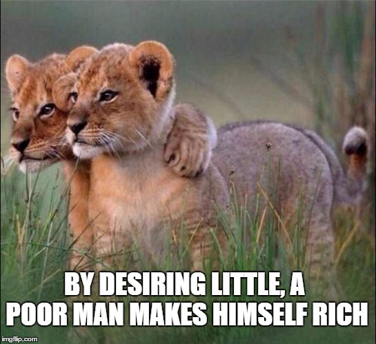 "By desiring little, a poor man makes himself rich." - Democritu | BY DESIRING LITTLE, A POOR MAN MAKES HIMSELF RICH | image tagged in "by desiring little a poor man makes himself rich." - democritu | made w/ Imgflip meme maker