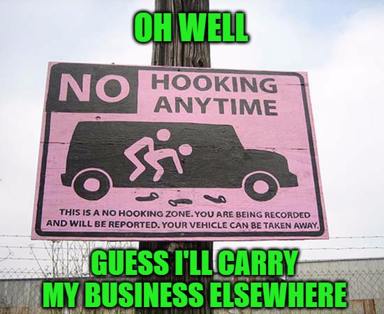 OH WELL; GUESS I'LL CARRY MY BUSINESS ELSEWHERE | image tagged in no hooking sign | made w/ Imgflip meme maker
