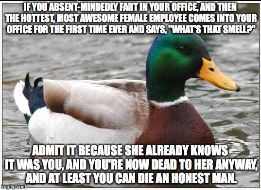 Actual Advice Mallard | IF YOU ABSENT-MINDEDLY FART IN YOUR OFFICE, AND THEN THE HOTTEST, MOST AWESOME FEMALE EMPLOYEE COMES INTO YOUR OFFICE FOR THE FIRST TIME EVER AND SAYS, "WHAT'S THAT SMELL?"; ADMIT IT BECAUSE SHE ALREADY KNOWS IT WAS YOU, AND YOU'RE NOW DEAD TO HER ANYWAY, AND AT LEAST YOU CAN DIE AN HONEST MAN. | image tagged in memes,actual advice mallard,AdviceAnimals | made w/ Imgflip meme maker