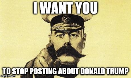 lord kitchener | I WANT YOU; TO STOP POSTING ABOUT DONALD TRUMP | image tagged in lord kitchener | made w/ Imgflip meme maker