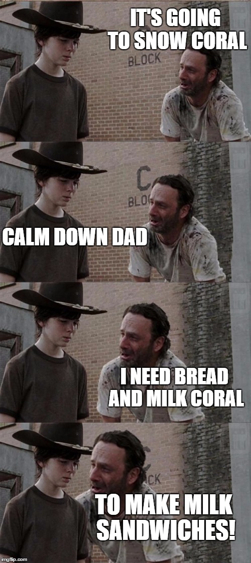I stole this idea, I have no shame! | IT'S GOING TO SNOW CORAL; CALM DOWN DAD; I NEED BREAD AND MILK CORAL; TO MAKE MILK SANDWICHES! | image tagged in memes,rick and carl long | made w/ Imgflip meme maker
