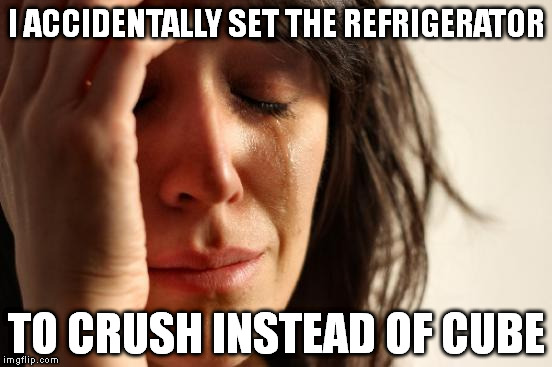 First World Problems Meme |  I ACCIDENTALLY SET THE REFRIGERATOR; TO CRUSH INSTEAD OF CUBE | image tagged in memes,first world problems | made w/ Imgflip meme maker