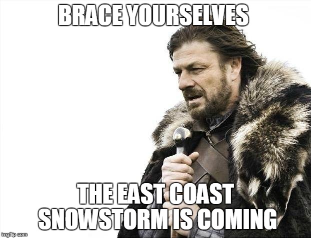 Brace Yourselves The East Coast Blizzard Is Coming | BRACE YOURSELVES; THE EAST COAST SNOWSTORM IS COMING | image tagged in memes,brace yourselves x is coming | made w/ Imgflip meme maker