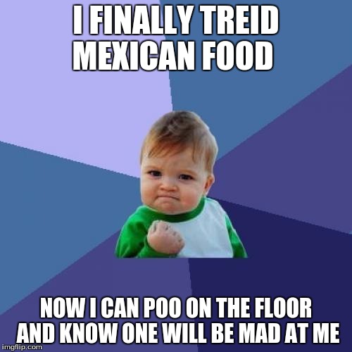 Success Kid Meme | I FINALLY TREID MEXICAN FOOD; NOW I CAN POO ON THE FLOOR AND KNOW ONE WILL BE MAD AT ME | image tagged in memes,success kid | made w/ Imgflip meme maker