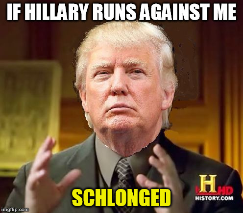 Trump vs Hillary | IF HILLARY RUNS AGAINST ME; SCHLONGED | image tagged in trump aliens,nsfw | made w/ Imgflip meme maker