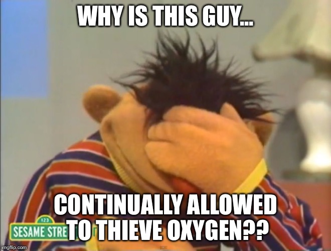Face palm Ernie  | WHY IS THIS GUY... CONTINUALLY ALLOWED TO THIEVE OXYGEN?? | image tagged in face palm ernie | made w/ Imgflip meme maker