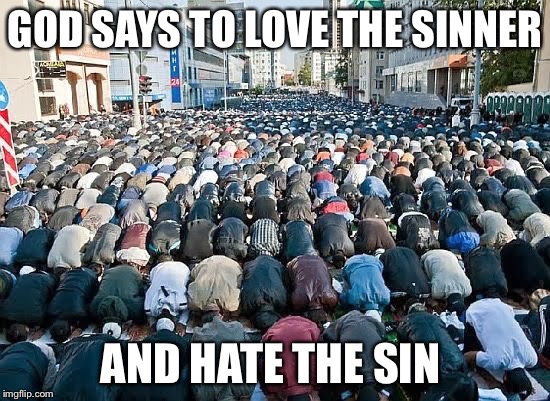 Muslims in EU | GOD SAYS TO LOVE THE SINNER; AND HATE THE SIN | image tagged in muslims in eu | made w/ Imgflip meme maker
