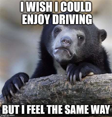 Confession Bear Meme | I WISH I COULD ENJOY DRIVING BUT I FEEL THE SAME WAY | image tagged in memes,confession bear | made w/ Imgflip meme maker