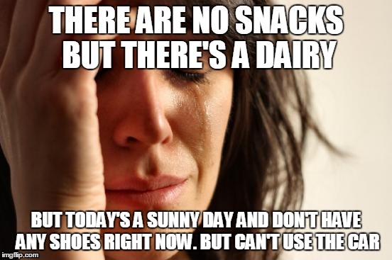 First World Problems | THERE ARE NO SNACKS BUT THERE'S A DAIRY; BUT TODAY'S A SUNNY DAY AND DON'T HAVE ANY SHOES RIGHT NOW. BUT CAN'T USE THE CAR | image tagged in memes,first world problems | made w/ Imgflip meme maker