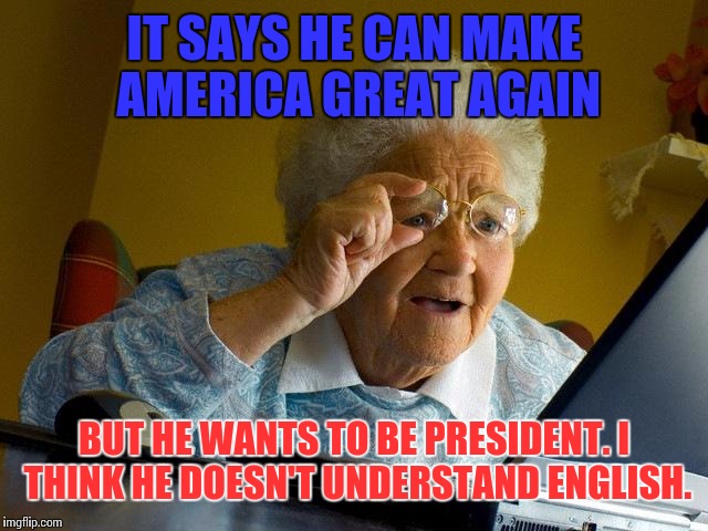 Grandma Finds The Internet Meme | IT SAYS HE CAN MAKE AMERICA GREAT AGAIN BUT HE WANTS TO BE PRESIDENT. I THINK HE DOESN'T UNDERSTAND ENGLISH. | image tagged in memes,grandma finds the internet | made w/ Imgflip meme maker
