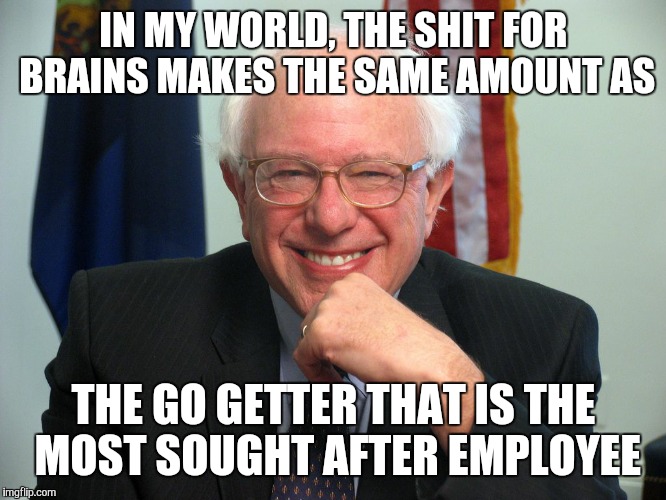 Vote Bernie Sanders | IN MY WORLD, THE SHIT FOR BRAINS MAKES THE SAME AMOUNT AS; THE GO GETTER THAT IS THE MOST SOUGHT AFTER EMPLOYEE | image tagged in vote bernie sanders | made w/ Imgflip meme maker