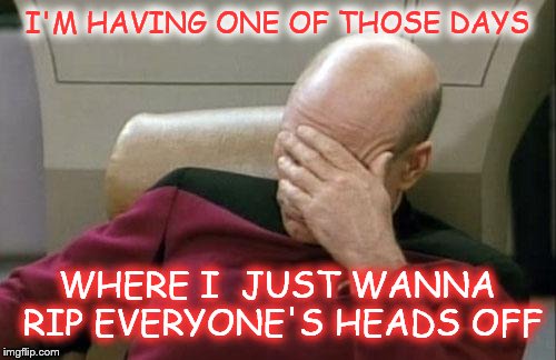 I've been annoyed all day. I just want some peace and quiet... | I'M HAVING ONE OF THOSE DAYS; WHERE I  JUST WANNA RIP EVERYONE'S HEADS OFF | image tagged in memes,captain picard facepalm | made w/ Imgflip meme maker