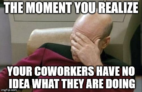 Captain Picard Facepalm | THE MOMENT YOU REALIZE; YOUR COWORKERS HAVE NO IDEA WHAT THEY ARE DOING | image tagged in memes,captain picard facepalm | made w/ Imgflip meme maker