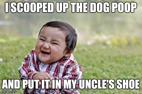 Evil Toddler | I SCOOPED UP THE DOG POOP; AND PUT IT IN MY UNCLE'S SHOE | image tagged in memes,evil toddler | made w/ Imgflip meme maker
