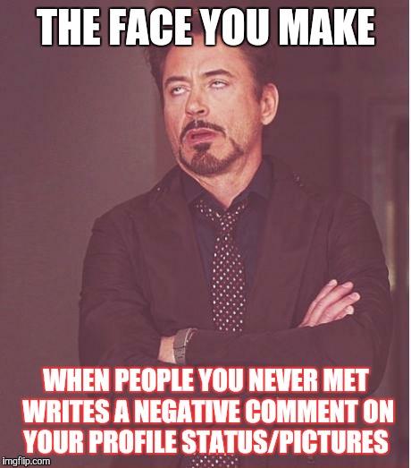 Face You Make Robert Downey Jr | THE FACE YOU MAKE; WHEN PEOPLE YOU NEVER MET WRITES A NEGATIVE COMMENT ON YOUR PROFILE STATUS/PICTURES | image tagged in memes,face you make robert downey jr | made w/ Imgflip meme maker
