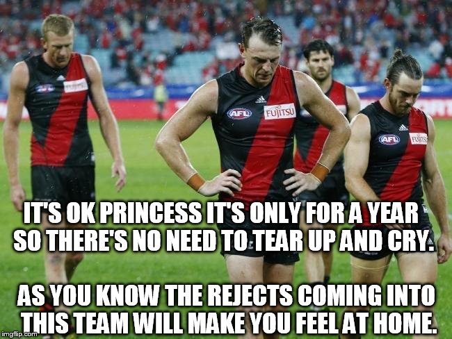 IT'S OK PRINCESS IT'S ONLY FOR A YEAR SO THERE'S NO NEED TO TEAR UP AND CRY. AS YOU KNOW THE REJECTS COMING INTO THIS TEAM WILL MAKE YOU FEEL AT HOME. | made w/ Imgflip meme maker