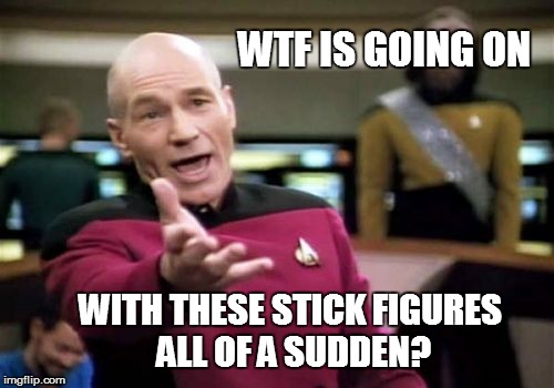 Picard Wtf | WTF IS GOING ON; WITH THESE STICK FIGURES ALL OF A SUDDEN? | image tagged in memes,picard wtf | made w/ Imgflip meme maker