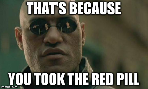 Matrix Morpheus Meme | THAT'S BECAUSE YOU TOOK THE RED PILL | image tagged in memes,matrix morpheus | made w/ Imgflip meme maker