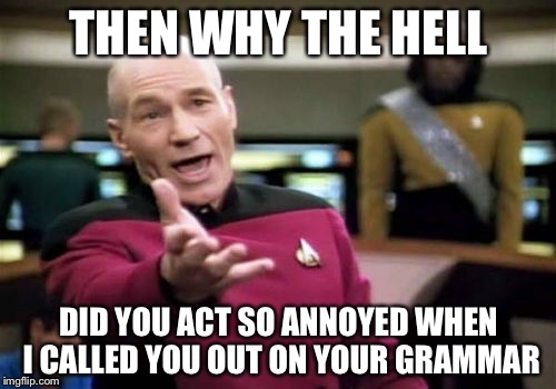 Picard Wtf Meme | THEN WHY THE HELL DID YOU ACT SO ANNOYED WHEN I CALLED YOU OUT ON YOUR GRAMMAR | image tagged in memes,picard wtf | made w/ Imgflip meme maker