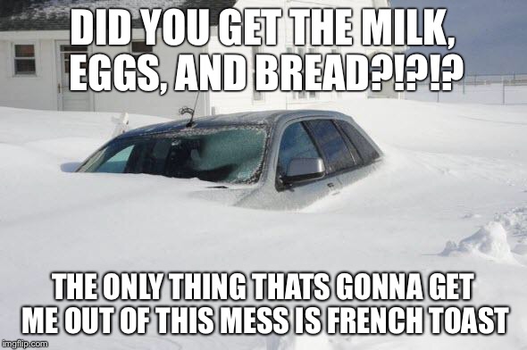 Snow storm Large | DID YOU GET THE MILK, EGGS, AND BREAD?!?!? THE ONLY THING THATS GONNA GET ME OUT OF THIS MESS IS FRENCH TOAST | image tagged in snow storm large | made w/ Imgflip meme maker