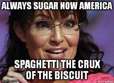 Sarah Palin crazy | ALWAYS SUGAR NOW AMERICA; SPAGHETTI THE CRUX OF THE BISCUIT | image tagged in sarah palin crazy | made w/ Imgflip meme maker
