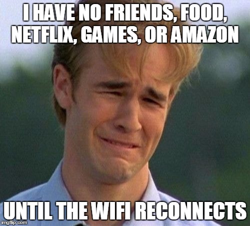1990s First World Problems Meme | I HAVE NO FRIENDS, FOOD, NETFLIX, GAMES, OR AMAZON; UNTIL THE WIFI RECONNECTS | image tagged in memes,1990s first world problems | made w/ Imgflip meme maker