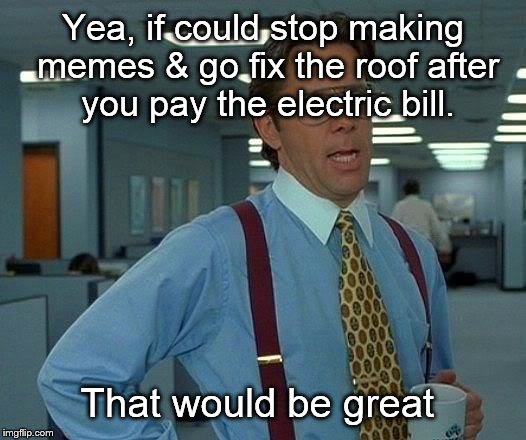 That Would Be Great Meme | Yea, if could stop making memes & go fix the roof after you pay the electric bill. That would be great | image tagged in memes,that would be great | made w/ Imgflip meme maker