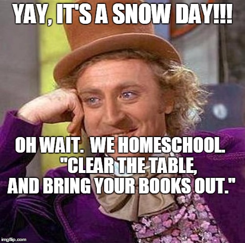 Creepy Condescending Wonka Meme | YAY, IT'S A SNOW DAY!!! OH WAIT.  WE HOMESCHOOL.   
 "CLEAR THE TABLE, AND BRING YOUR BOOKS OUT." | image tagged in memes,creepy condescending wonka | made w/ Imgflip meme maker