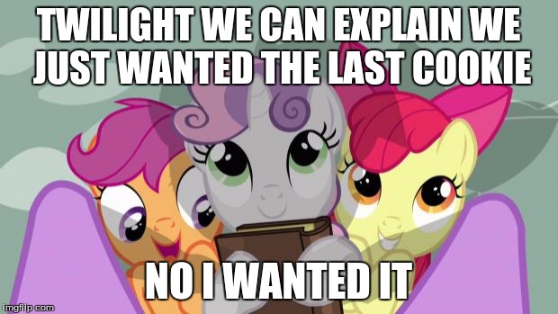 cutie mark crusaders beneath twilight in my little pony | TWILIGHT WE CAN EXPLAIN WE JUST WANTED THE LAST COOKIE; NO I WANTED IT | image tagged in cutie mark crusaders beneath twilight in my little pony | made w/ Imgflip meme maker