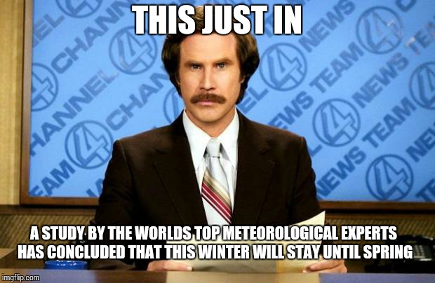 BREAKING NEWS | THIS JUST IN; A STUDY BY THE WORLDS TOP METEOROLOGICAL EXPERTS HAS CONCLUDED THAT THIS WINTER WILL STAY UNTIL SPRING | image tagged in breaking news | made w/ Imgflip meme maker