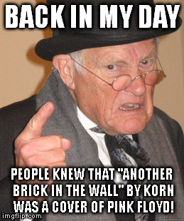 Back In My Day | BACK IN MY DAY; PEOPLE KNEW THAT "ANOTHER BRICK IN THE WALL" BY KORN WAS A COVER OF PINK FLOYD! | image tagged in memes,back in my day | made w/ Imgflip meme maker