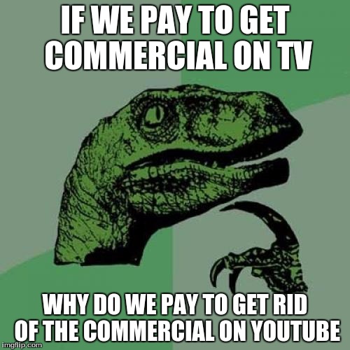 Philosoraptor Meme | IF WE PAY TO GET COMMERCIAL ON TV; WHY DO WE PAY TO GET RID OF THE COMMERCIAL ON YOUTUBE | image tagged in memes,philosoraptor | made w/ Imgflip meme maker