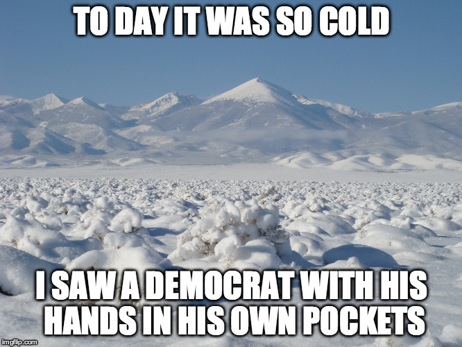 So cold | TO DAY IT WAS SO COLD; I SAW A DEMOCRAT WITH HIS HANDS IN HIS OWN POCKETS | image tagged in cold,democrat | made w/ Imgflip meme maker