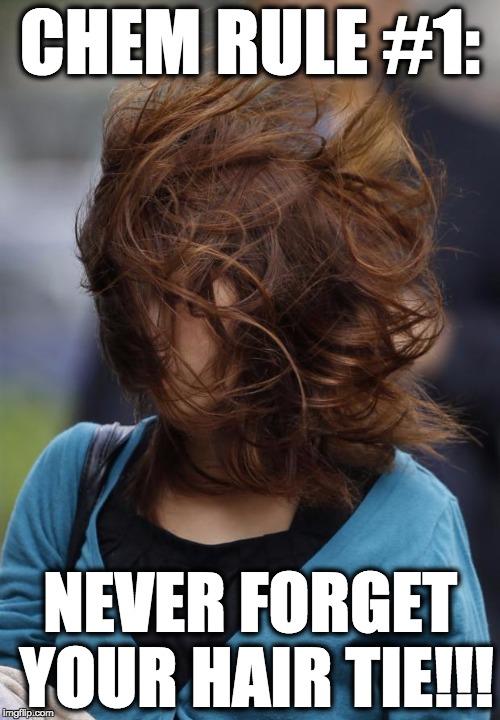 hair wind girl windy | CHEM RULE #1:; NEVER FORGET YOUR HAIR TIE!!! | image tagged in hair wind girl windy | made w/ Imgflip meme maker