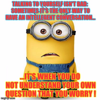 Minions | TALKING TO YOURSELF ISN'T BAD: SOMETIMES IT'S THE ONLY WAY TO HAVE AN INTELLEGENT CONVERSATION... ...IT'S WHEN YOU DO NOT UNDERSTAND YOUR OWN QUESTION THAT YOU WORRY ! | image tagged in minions,humor | made w/ Imgflip meme maker