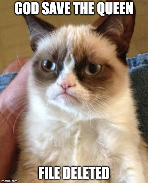 Grumpy Cat | GOD SAVE THE QUEEN; FILE DELETED | image tagged in memes,grumpy cat | made w/ Imgflip meme maker