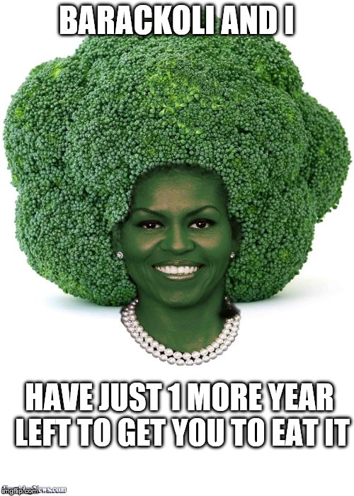 As if we haven't enough | BARACKOLI AND I; HAVE JUST 1 MORE YEAR LEFT TO GET YOU TO EAT IT | image tagged in memes,michelle obama,obama | made w/ Imgflip meme maker