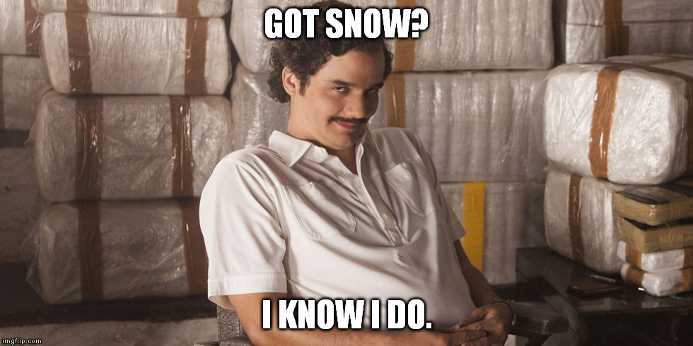 got snow? | GOT SNOW? I KNOW I DO. | image tagged in pablo escobar,snow,got,funny | made w/ Imgflip meme maker