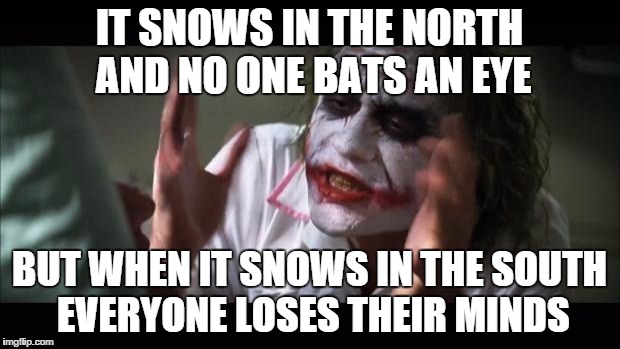 And everybody loses their minds | IT SNOWS IN THE NORTH AND NO ONE BATS AN EYE; BUT WHEN IT SNOWS IN THE SOUTH EVERYONE LOSES THEIR MINDS | image tagged in memes,and everybody loses their minds | made w/ Imgflip meme maker