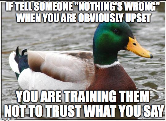 Actual Advice Mallard | IF TELL SOMEONE "NOTHING'S WRONG" WHEN YOU ARE OBVIOUSLY UPSET; YOU ARE TRAINING THEM NOT TO TRUST WHAT YOU SAY | image tagged in memes,actual advice mallard,AdviceAnimals | made w/ Imgflip meme maker