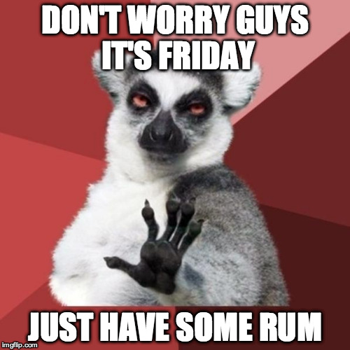 Chill Out Lemur Meme | DON'T WORRY GUYS IT'S FRIDAY; JUST HAVE SOME RUM | image tagged in memes,chill out lemur | made w/ Imgflip meme maker