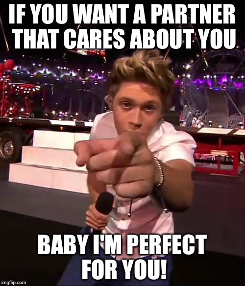 One Direction | IF YOU WANT A PARTNER THAT CARES ABOUT YOU; BABY I'M PERFECT FOR YOU! | image tagged in one direction | made w/ Imgflip meme maker
