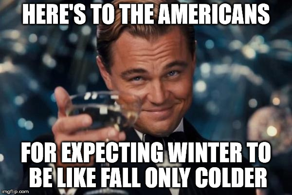 Canadian Cheers to Americans | HERE'S TO THE AMERICANS; FOR EXPECTING WINTER TO BE LIKE FALL ONLY COLDER | image tagged in memes,leonardo dicaprio cheers,america,canada,winter storm,winter | made w/ Imgflip meme maker