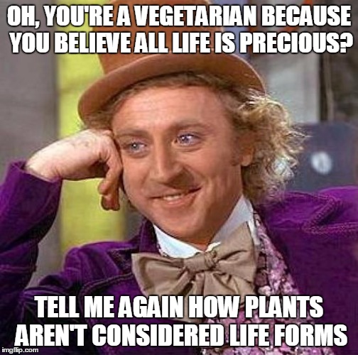 Creepy Condescending Wonka Meme | OH, YOU'RE A VEGETARIAN BECAUSE YOU BELIEVE ALL LIFE IS PRECIOUS? TELL ME AGAIN HOW PLANTS AREN'T CONSIDERED LIFE FORMS | image tagged in memes,creepy condescending wonka | made w/ Imgflip meme maker