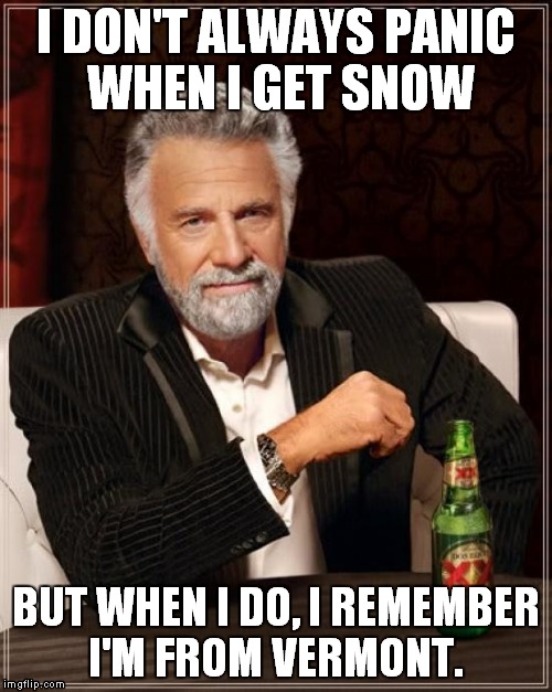 The Most Interesting Man In The World | I DON'T ALWAYS PANIC WHEN I GET SNOW; BUT WHEN I DO, I REMEMBER I'M FROM VERMONT. | image tagged in memes,the most interesting man in the world | made w/ Imgflip meme maker