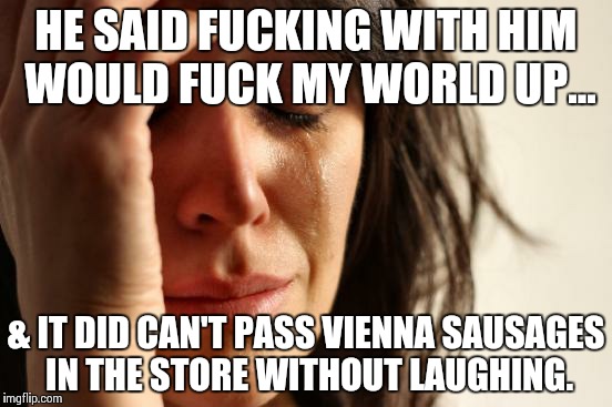 First World Problems Meme | HE SAID FUCKING WITH HIM WOULD FUCK MY WORLD UP... & IT DID CAN'T PASS VIENNA SAUSAGES IN THE STORE WITHOUT LAUGHING. | image tagged in memes,first world problems | made w/ Imgflip meme maker