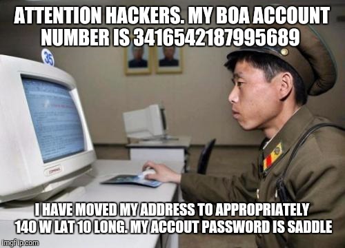 North Korean Hacker | ATTENTION HACKERS. MY BOA ACCOUNT NUMBER IS 3416542187995689; I HAVE MOVED MY ADDRESS TO APPROPRIATELY 140 W LAT 10 LONG. MY ACCOUT PASSWORD IS SADDLE | image tagged in north korean hacker | made w/ Imgflip meme maker