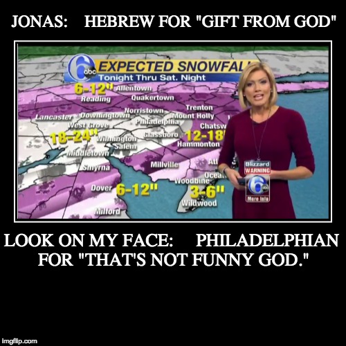 WINTER STORM JONAS | JONAS:    HEBREW FOR "GIFT FROM GOD" | LOOK ON MY FACE:     PHILADELPHIAN FOR "THAT'S NOT FUNNY GOD." | image tagged in funny,demotivationals,winter storm,hebrew,snow,jonas | made w/ Imgflip demotivational maker